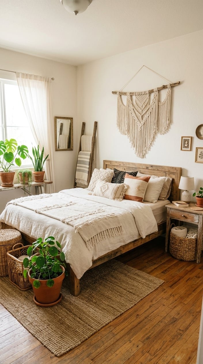 A cozy bedroom with a wooden bed, macrame wall hanging, woven baskets, plants, and vintage furniture arranged in natural light.