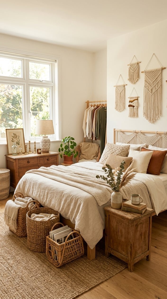 A tidy bedroom with macrame wall art, woven baskets, and vintage decor arranged neatly around a bed with neutral linens.