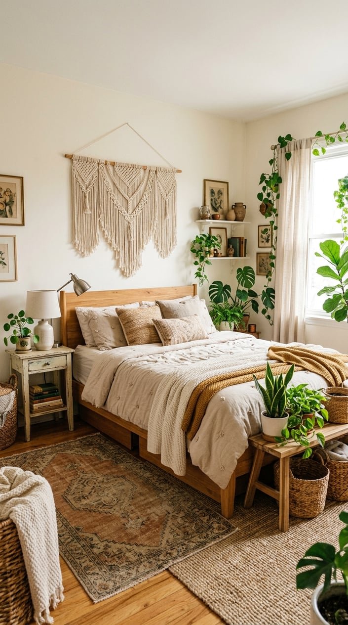A bright bedroom with a wooden bed, macrame wall hanging, woven baskets, plants, and layered rugs, filled with natural light.