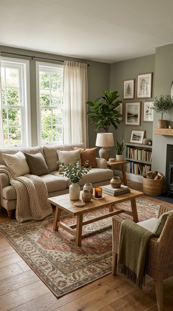 A cozy living room with muted green-gray walls, a sofa, wooden furniture, potted plants, and natural light coming through windows.