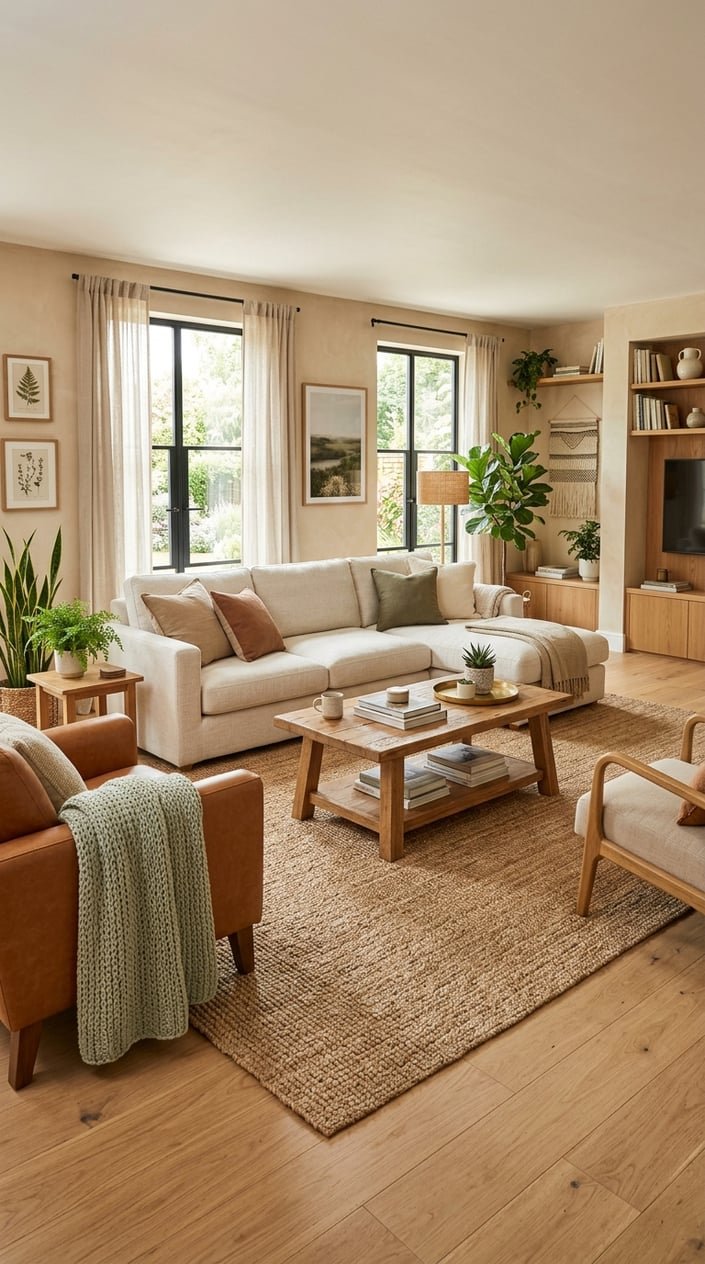 A living room with a large jute rug, sofas, wooden coffee table, and potted plants in natural light.