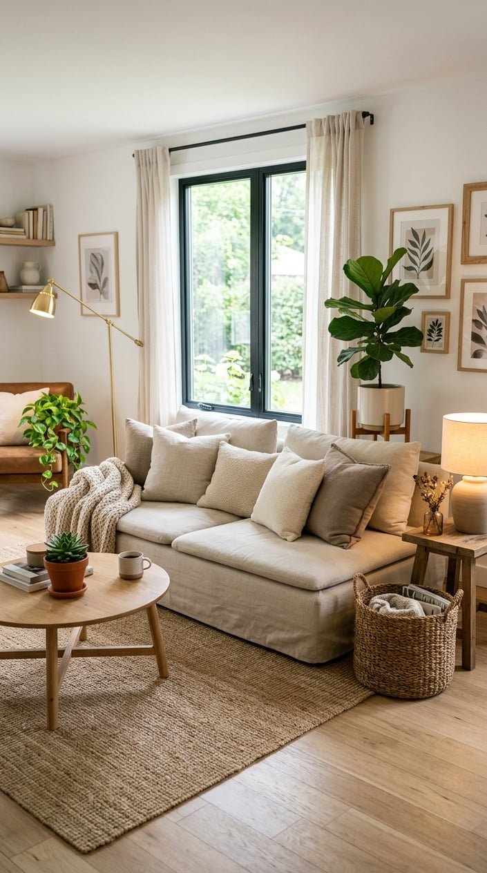 A beige slipcovered sofa in a living room with wooden tables, green plants, and natural sunlight coming through a window.