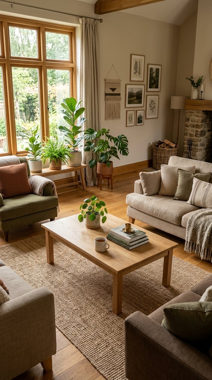 A cozy living room with a wooden coffee table surrounded by sofas, cushions, plants, and natural light.