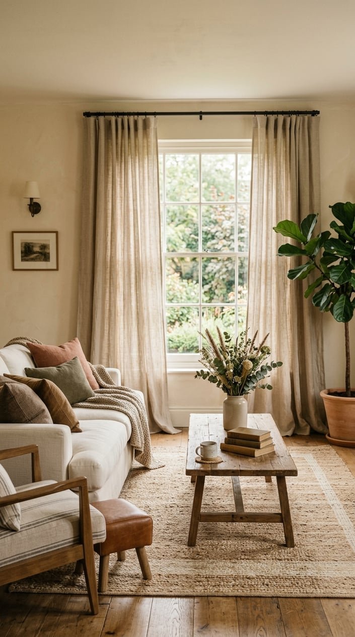 A living room with beige linen curtains hanging by a window, a wooden coffee table, cushioned seating, and potted plants.