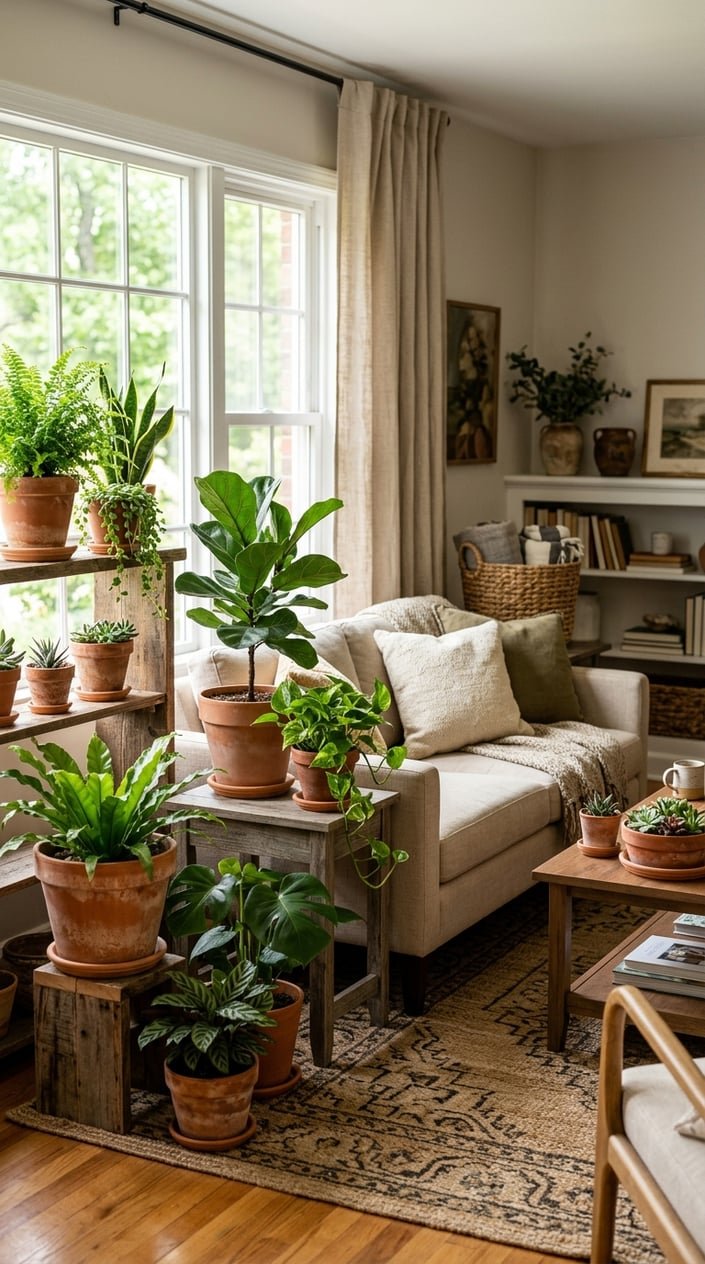 Living room with terracotta planters filled with green plants arranged on shelves and tables near a beige sofa.