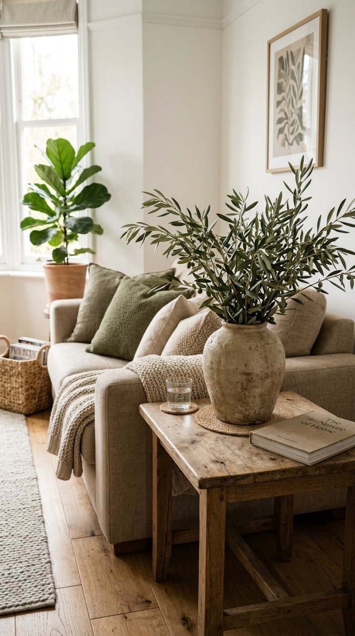 A living room corner with a handmade ceramic vase holding olive tree branches on a wooden side table next to a sofa with cushions.