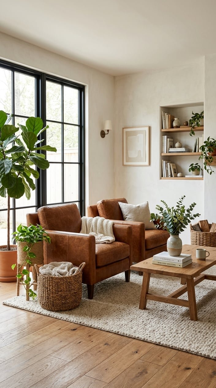 A living room with warm cognac leather chairs, wooden floor, green plants, and a wooden coffee table with books and a vase.