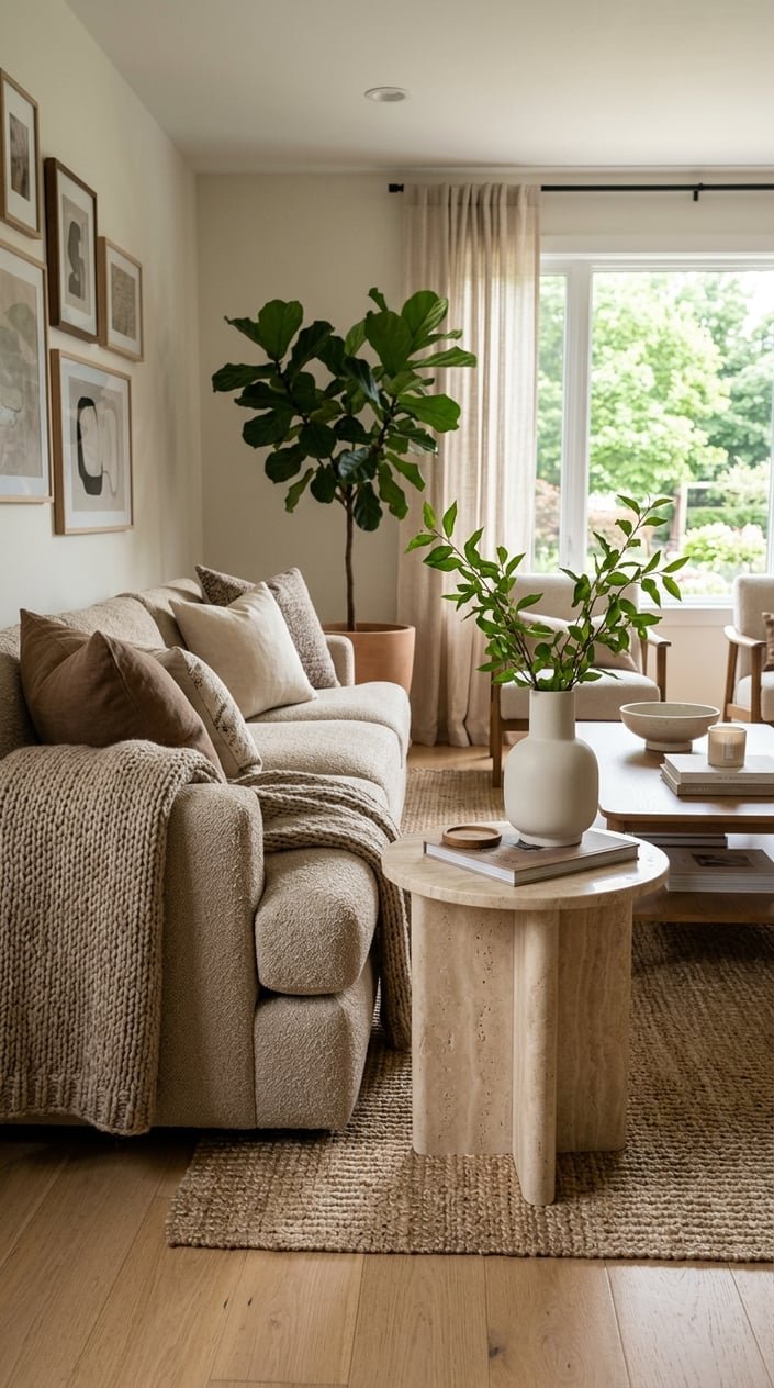 Living room with a travertine side table next to a sofa, decorated with a vase of greenery and natural light coming through windows.