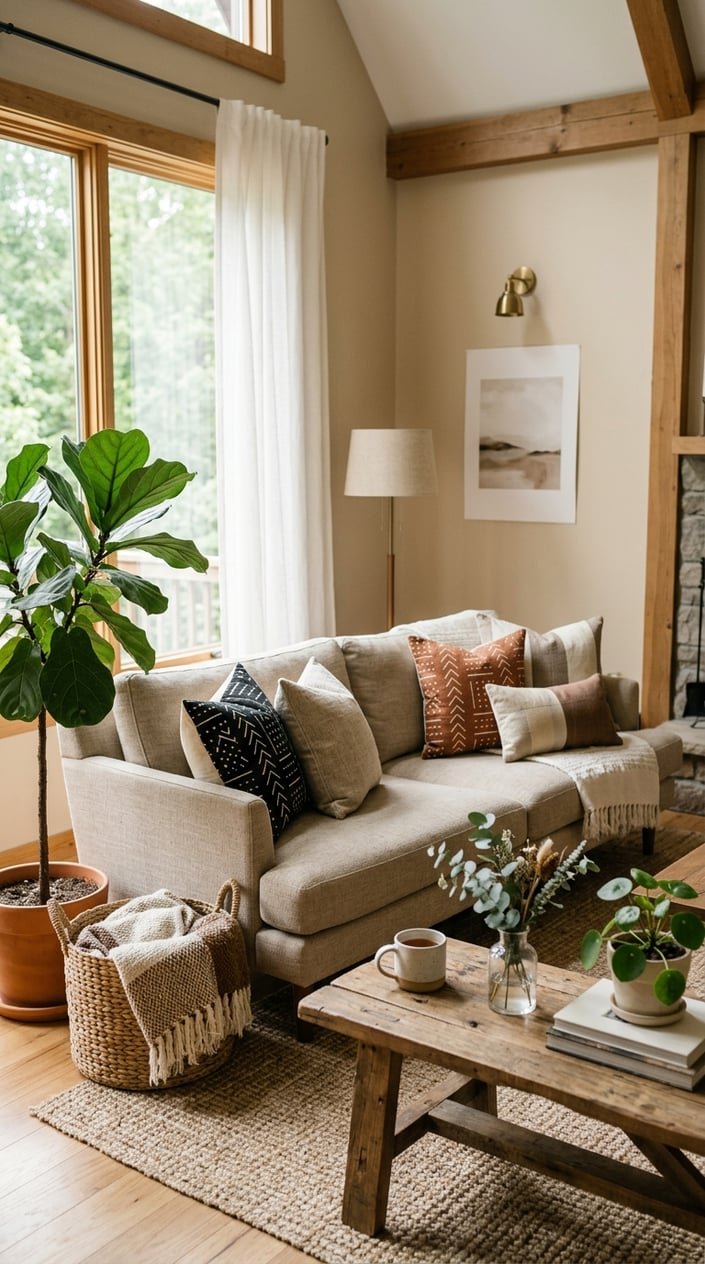 A living room with a sofa decorated with patterned and plain throw pillows, a wooden coffee table, plants, and soft natural lighting.