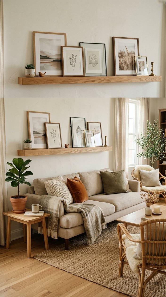 Living room with a natural oak picture ledge displaying framed art and decorative objects above a cozy seating area with plants and wooden accents.