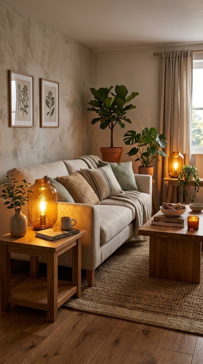 A living room with amber glass lamps casting warm light over wooden furniture, plants, and a sofa.