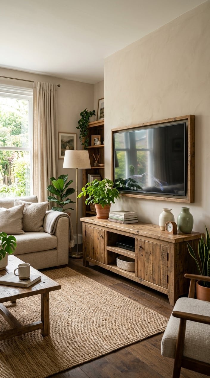 Living room with a reclaimed wood media console holding a TV, surrounded by a sofa, plants, and natural light.