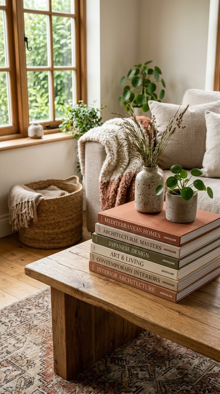 A stack of design books on a wooden coffee table in a cozy living room with plants and soft natural light.