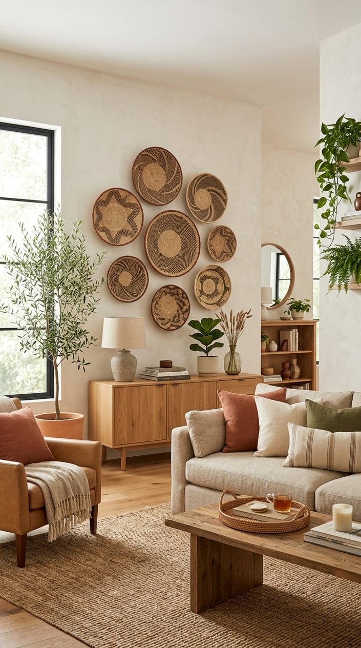 Living room with a woven basket hanging on the wall, wooden furniture, cushions, and indoor plants.