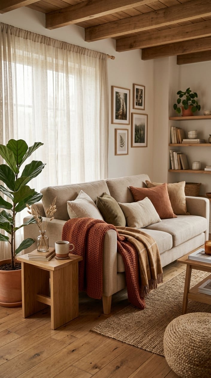 A living room with a sofa draped with rust and camel colored wool throws, surrounded by wooden furniture and plants.