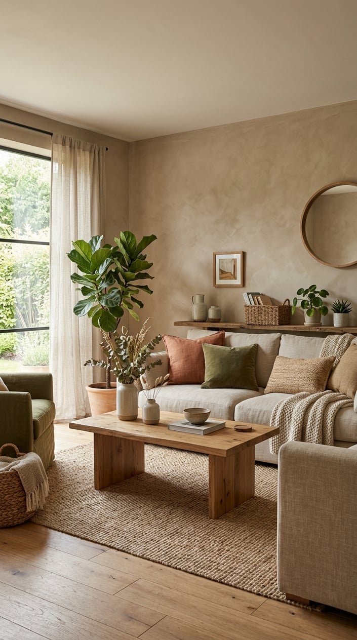 A living room with textured walls, neutral sofas, wooden furniture, plants, and soft natural light.