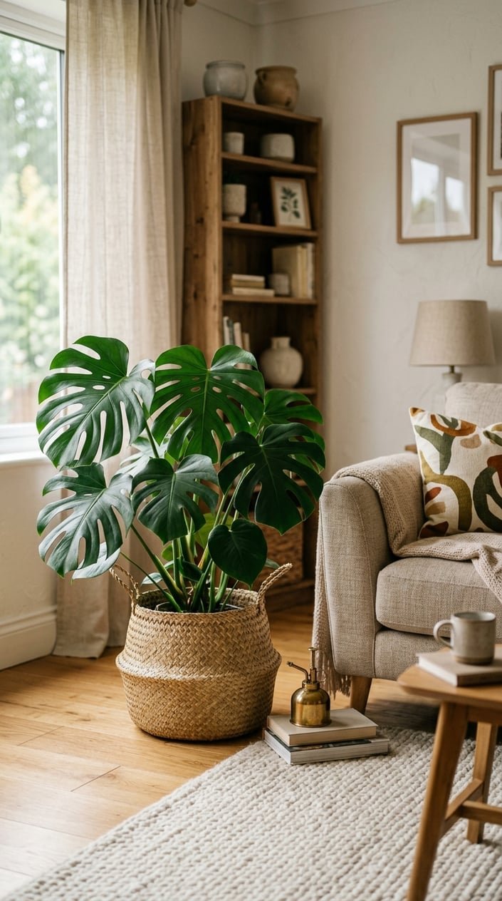 A large green Monstera or Rubber plant in a seagrass basket placed in a living room corner with neutral furniture and wooden accents.
