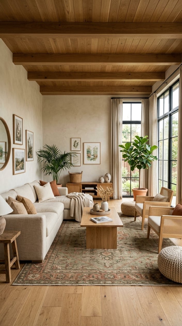 A bright living room with beige walls, wooden furniture, green plants, and light textiles arranged to create a warm and inviting space.