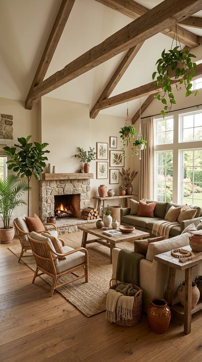 A living room with wooden furniture, woven chairs, green plants, and natural light creating a warm and inviting atmosphere.