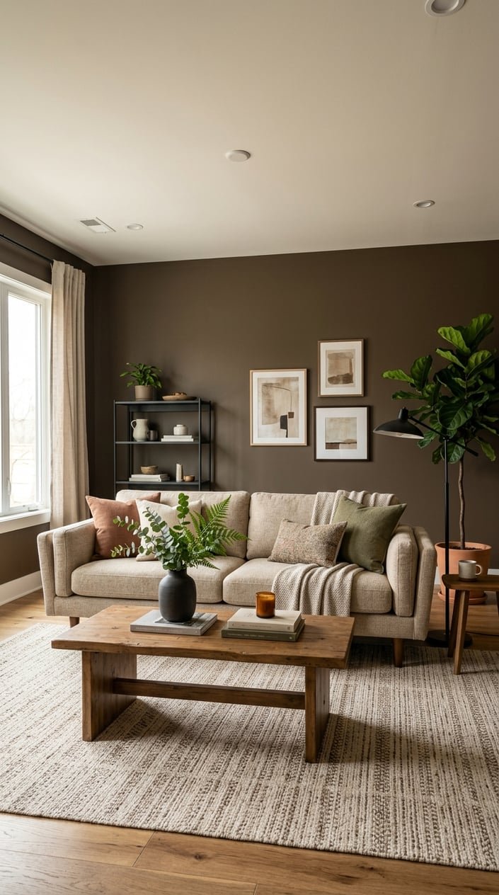 Living room with deep brown walls, beige sofa, wooden coffee table, green plant, and warm natural lighting.