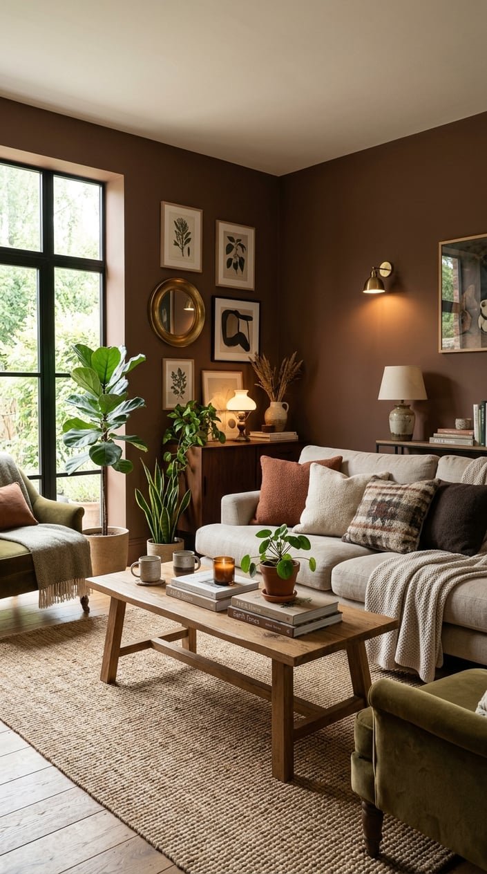 A living room with warm earthy brown walls, a comfortable sofa, wooden furniture, and indoor plants with natural light coming through large windows.