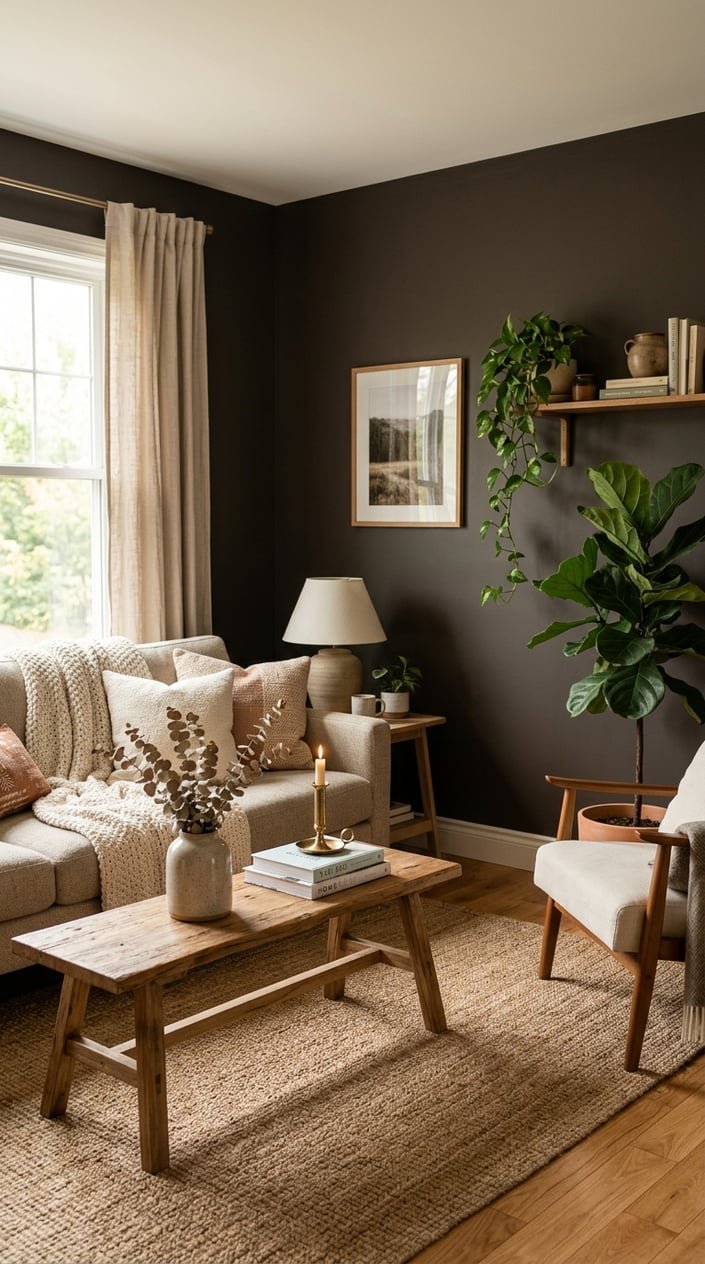 A living room with dark brown walls, a sofa, wooden coffee table, indoor plants, and natural light coming through a window.