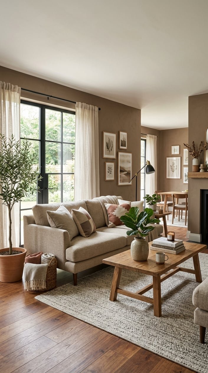 A cozy living room with earthy brown walls, a beige sofa, wooden coffee table, plants, and natural light coming through large windows.