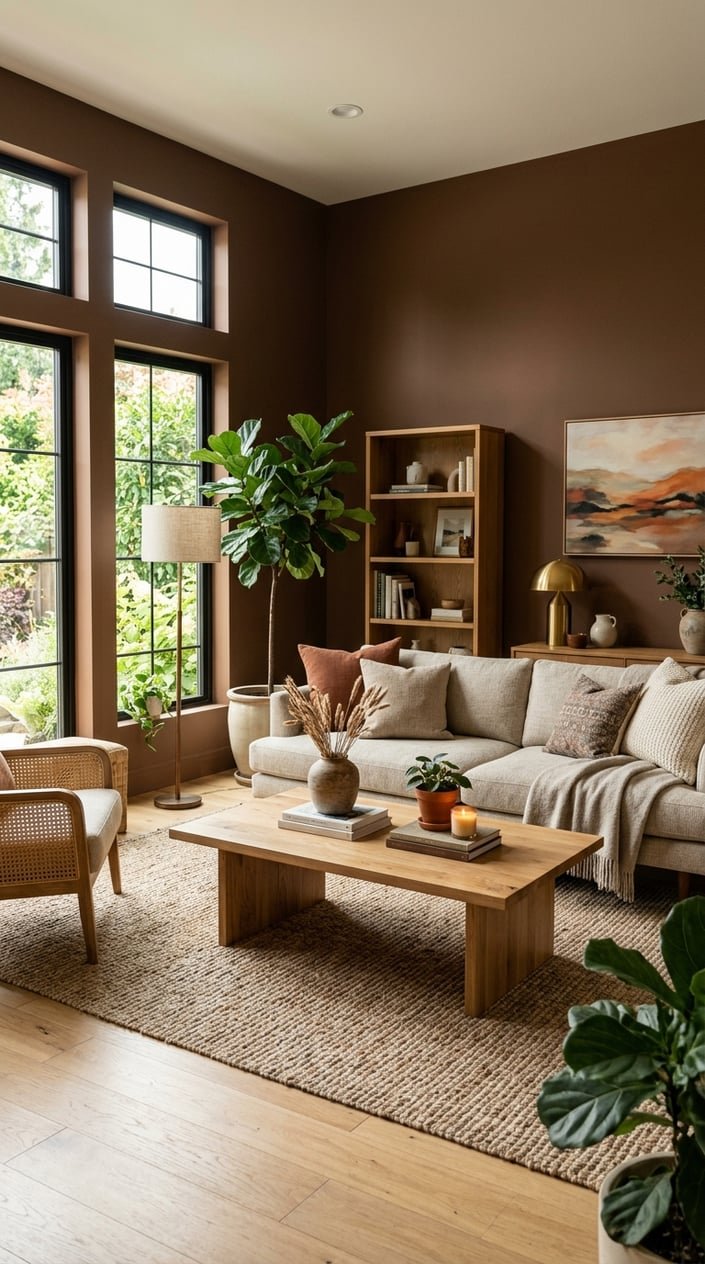 A cozy living room with brown walls, a sofa, wooden coffee table, plants, and natural light coming through large windows.