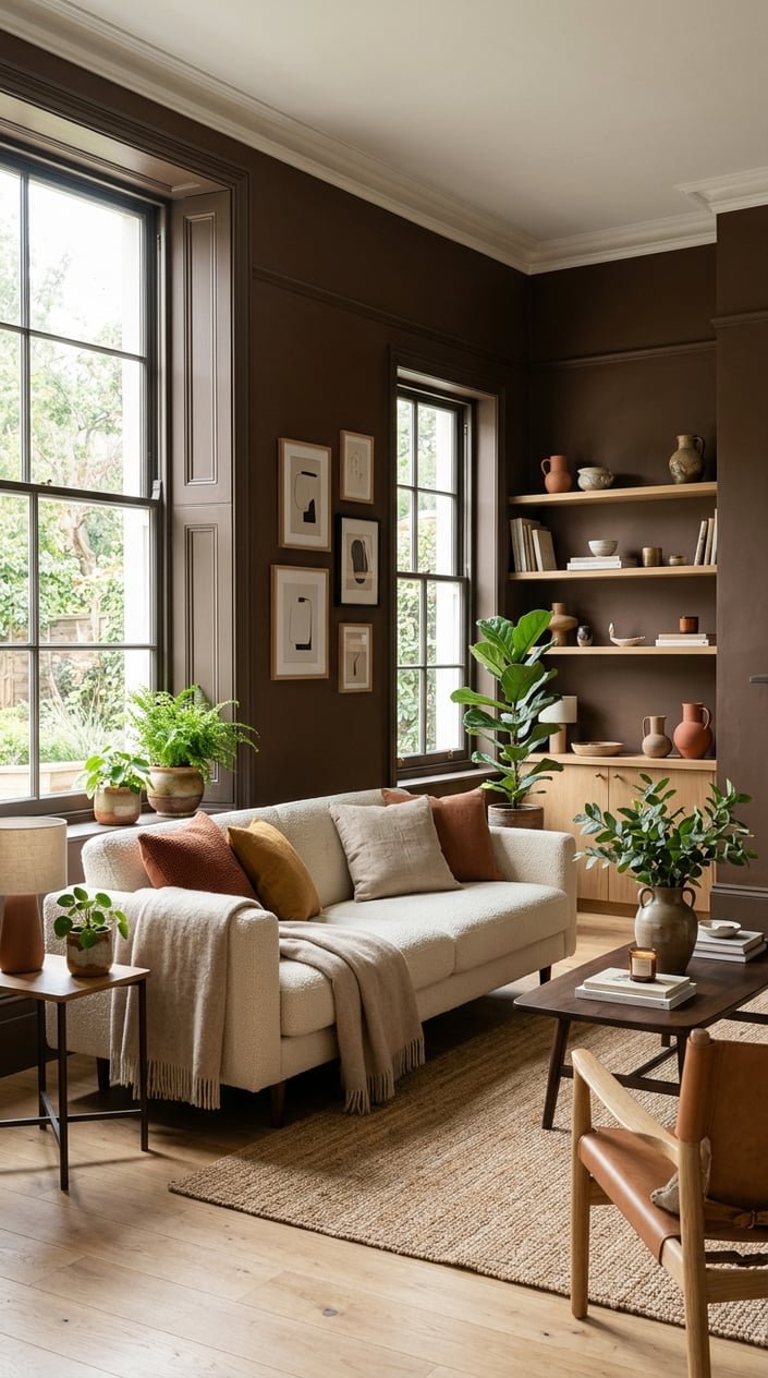 Living room with warm brown walls, modern furniture, natural wood accents, and green plants.