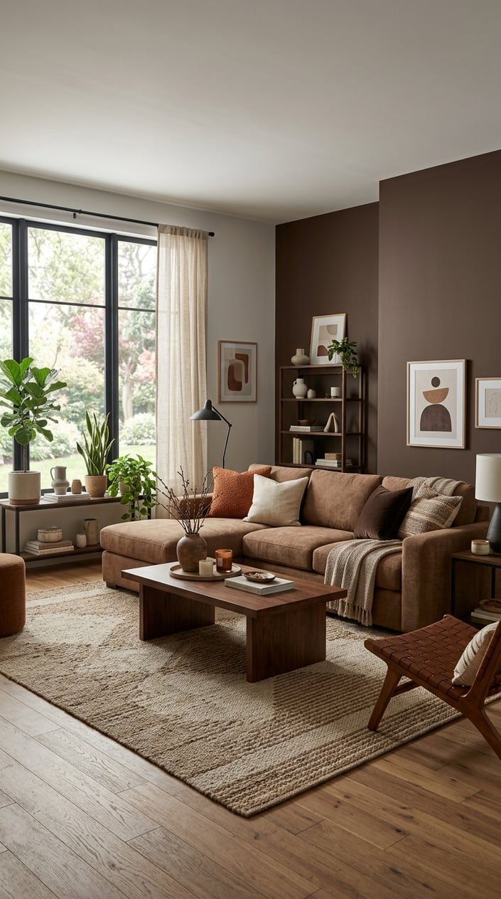 Living room with brown sofa, wooden furniture, plants, and natural light creating a warm and inviting atmosphere.