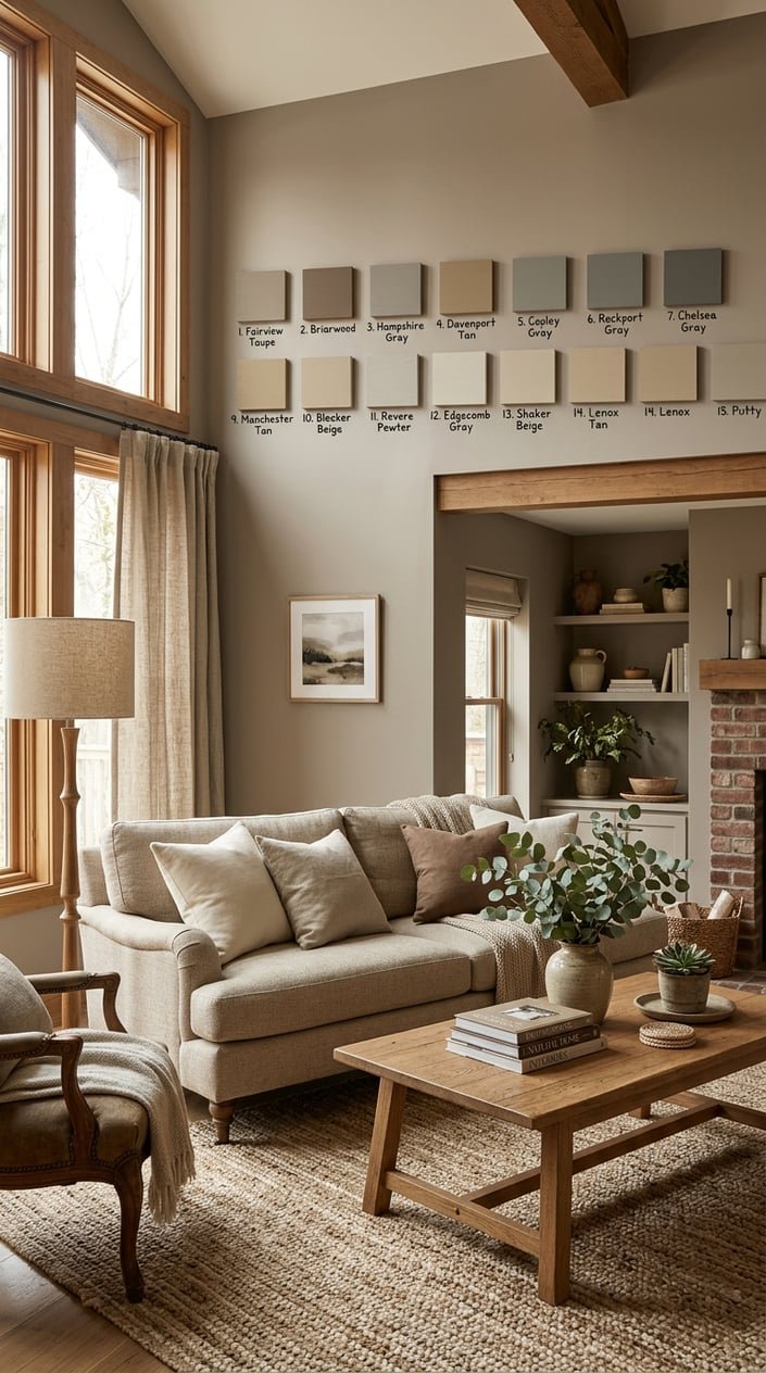 A cozy living room with taupe-colored walls, a sofa, wooden coffee table, plants, and natural light coming through windows.