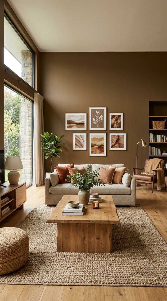 A cozy living room with brown painted walls, a sofa, coffee table, plants, and natural light coming through windows.