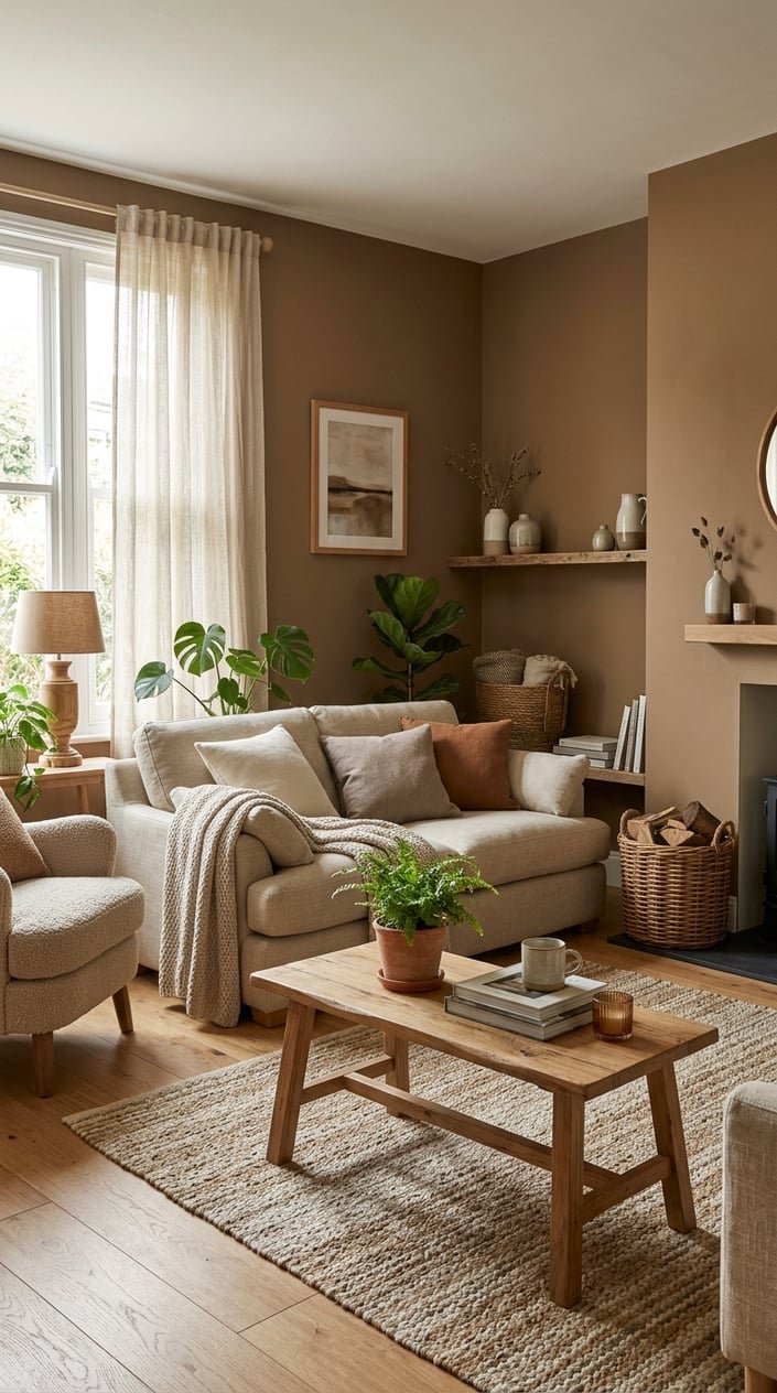 A cozy living room with warm brown walls, a sofa with cushions, a wooden coffee table with a plant, and natural light coming through sheer curtains.