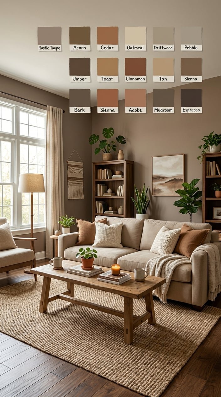 A warm living room with brown walls, wooden furniture, plants, and soft lighting creating a cozy and inviting atmosphere.