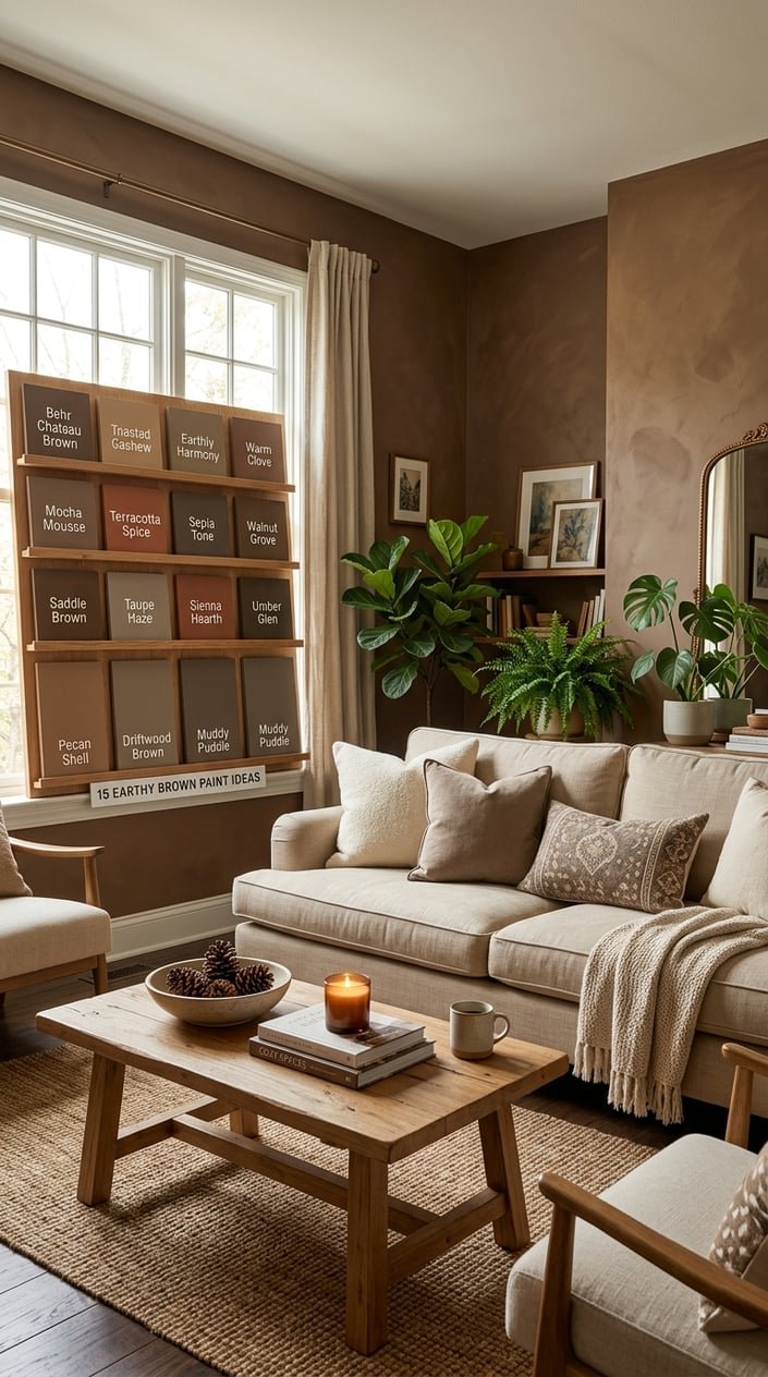 A living room with brown walls, wooden furniture, a sofa, plants, and natural light coming through large windows.