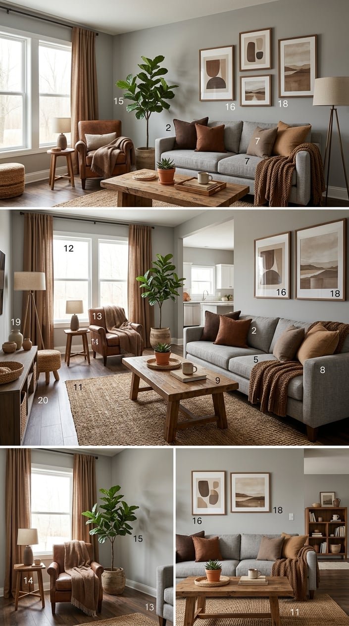 A living room with gray walls and brown furniture, including a sofa, coffee table, curtains, and plants, arranged in a warm and inviting setting.