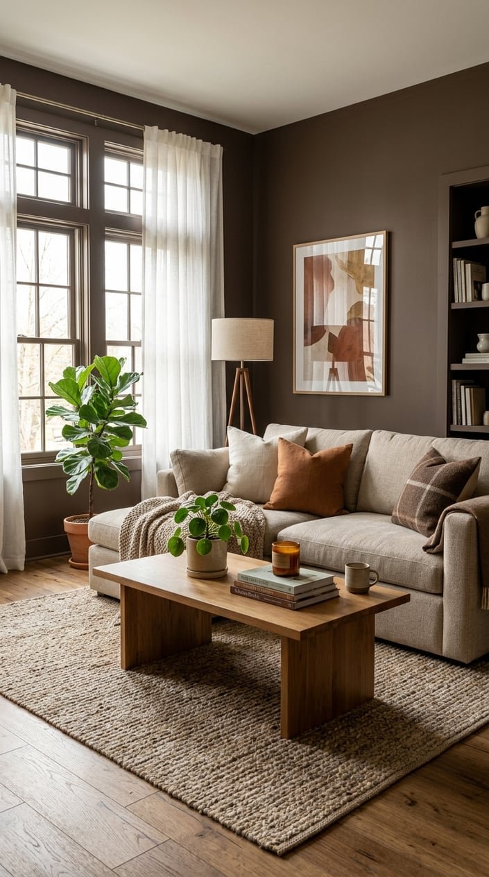 A cozy living room with brown painted walls, a sofa, wooden coffee table, indoor plants, and natural light coming through large windows.
