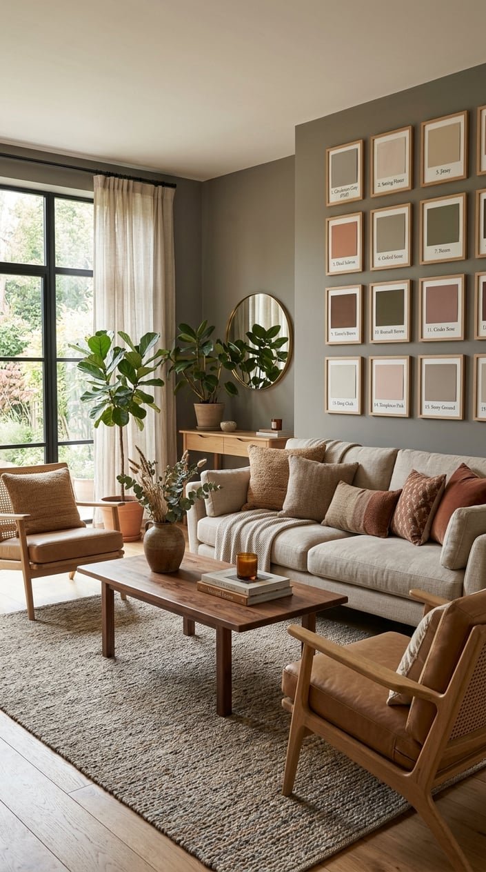 A cozy living room painted in a warm earthy brown color with a sofa, coffee table, plants, and natural light coming through windows.