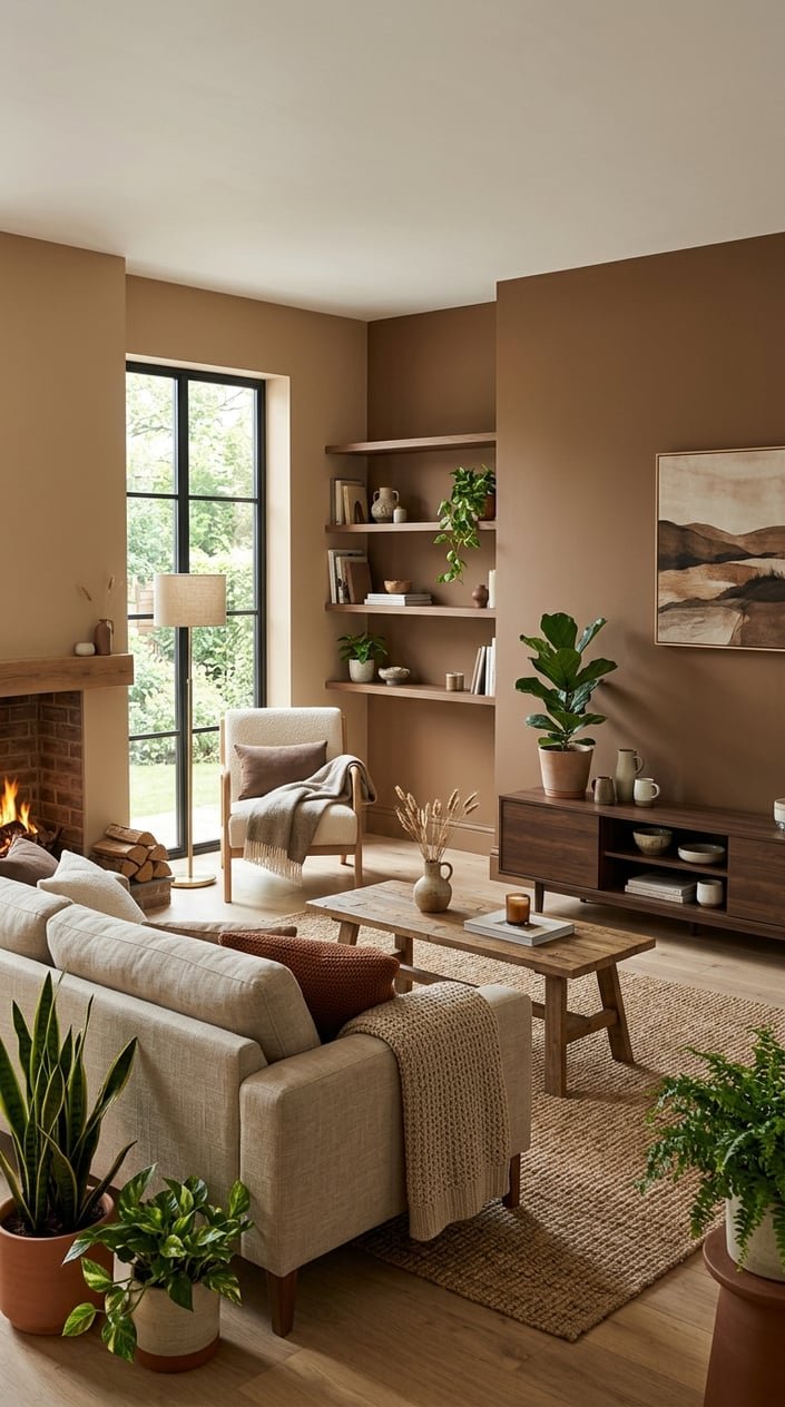A living room with walls painted in different shades of earthy brown, featuring wooden furniture, plants, and soft natural lighting.