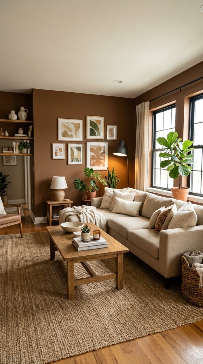 Living room with brown walls, beige sofa, wooden coffee table, green plants, and natural light coming through large windows.