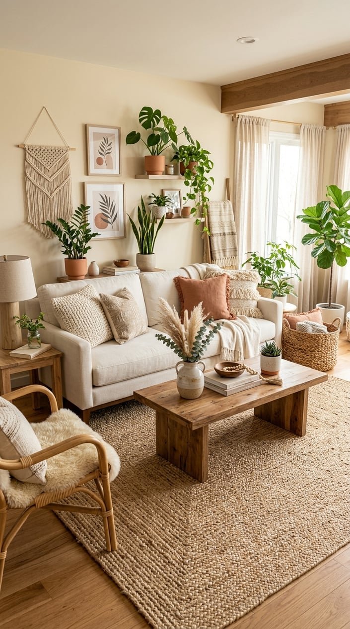 Living room with a large jute rug, sofa, wooden coffee table, plants, and warm natural decor.
