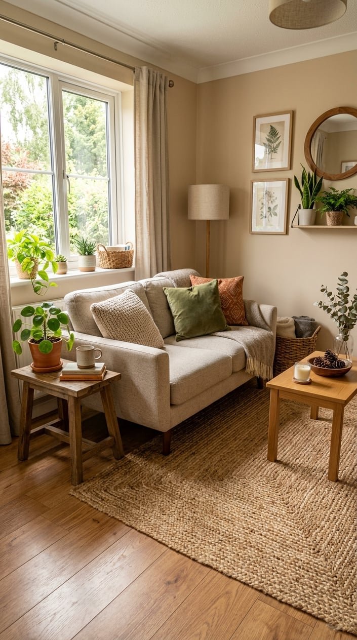 Small living room with a compact sofa placed on a natural fiber jute rug, surrounded by plants and wooden furniture.