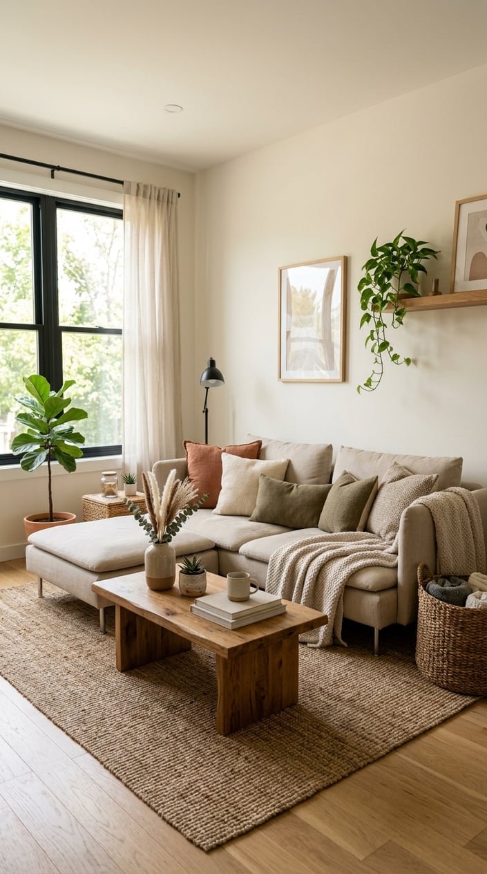 A beige low-slung linen sofa in a bright living room with wooden coffee table, plants, and natural decor.
