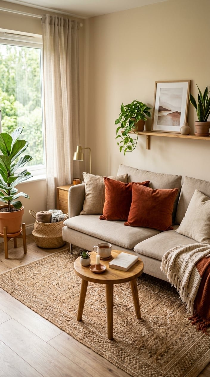 A small living room with a sofa featuring rust-colored velvet cushions, wooden furniture, plants, and warm natural lighting.