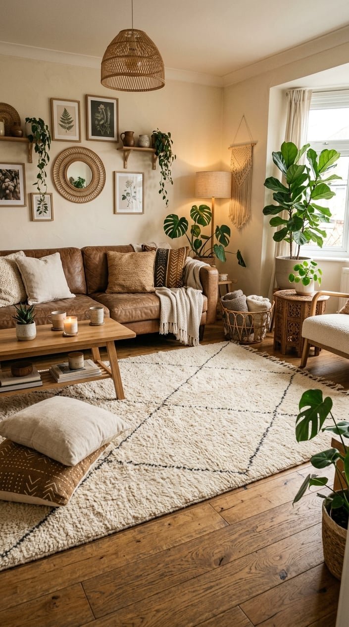 A cozy living room with a vintage rug on the wooden floor, surrounded by natural wood furniture, plants, and cushions.