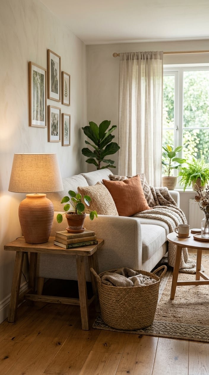 A small living room with a terracotta table lamp on a wooden side table, surrounded by plants and cozy furniture.