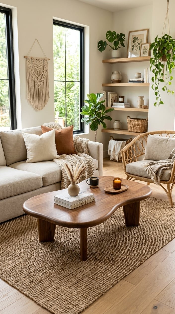 A living room with a wooden coffee table, sofa, armchair, plants, and natural light creating a cozy and inviting atmosphere.