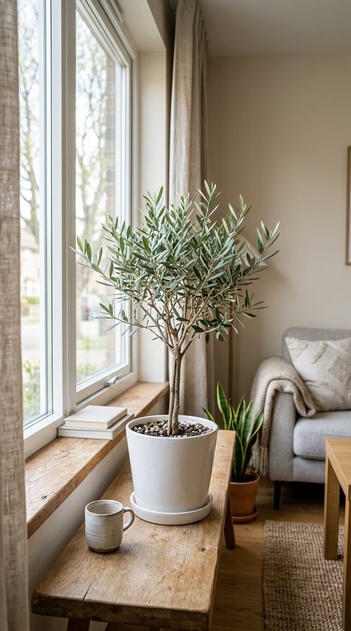 An olive tree in a modern pot sitting on a windowsill in a small living room with natural light.