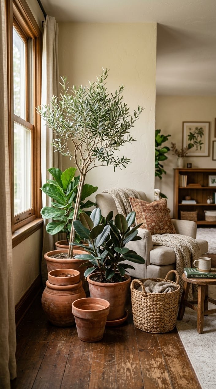 A living room corner with terracotta pots holding olive trees and rubber plants, surrounded by wooden furniture and natural decor.