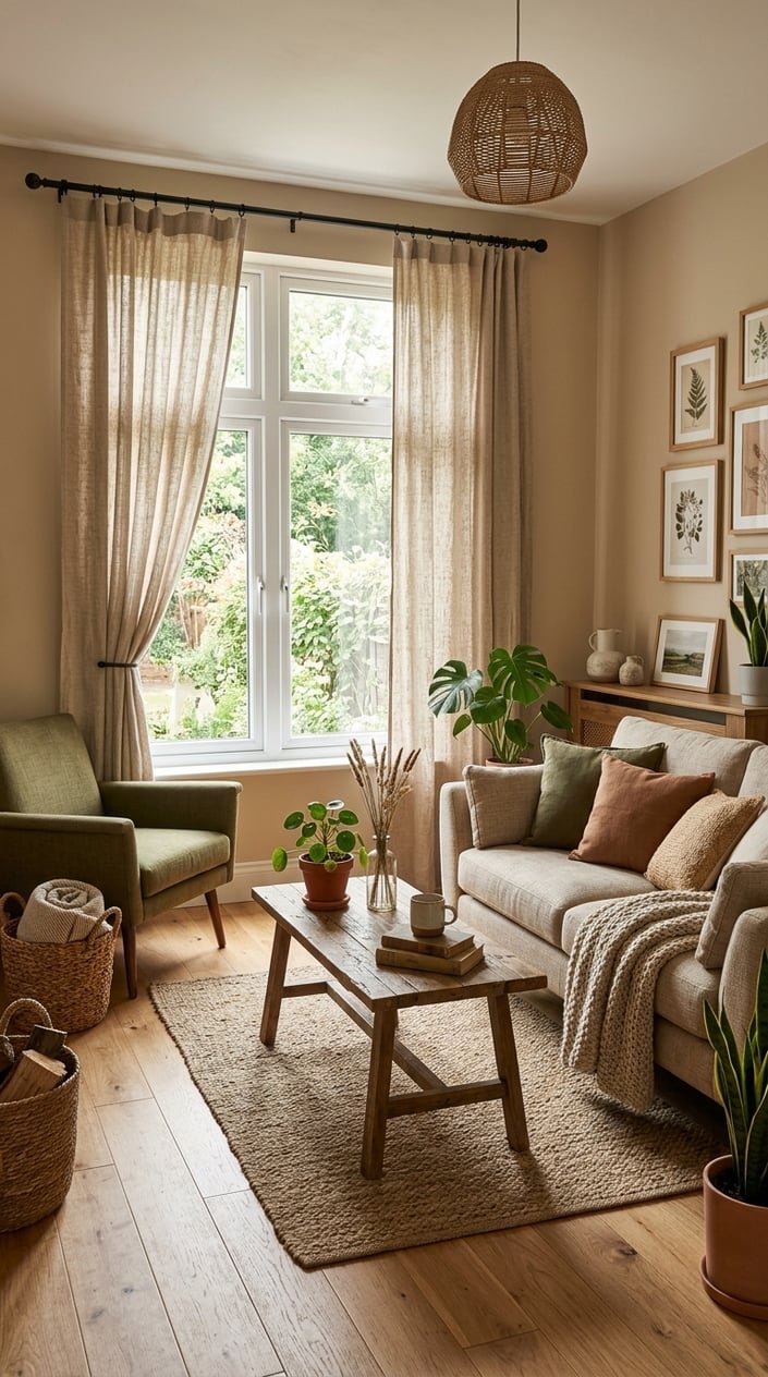 A small living room with natural linen curtains, a sofa, coffee table, plants, and warm natural light coming through a window.